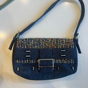 bebe Denim Shoulder Bag with Multicolor Bead Trim